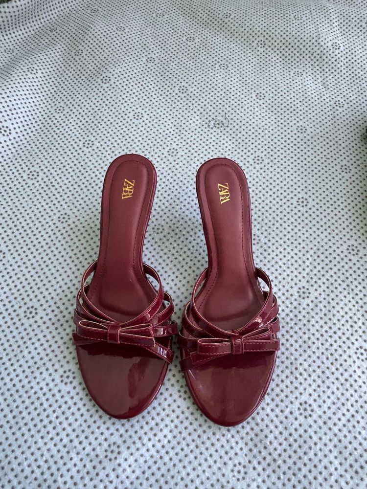 Zara Burgundy Heeled Sandals with Bow