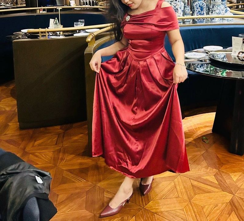 Red Satin Off-Shoulder Dress