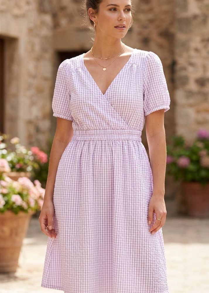 Lavender Gingham Wrap Dress