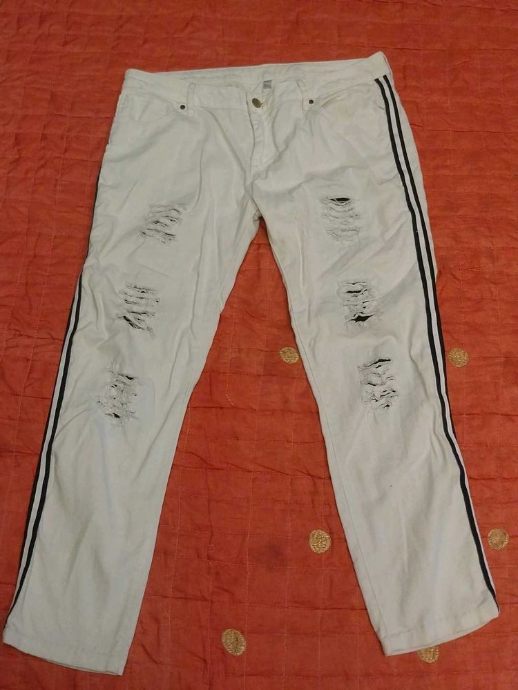 White Distressed Jeans with Side Stripes