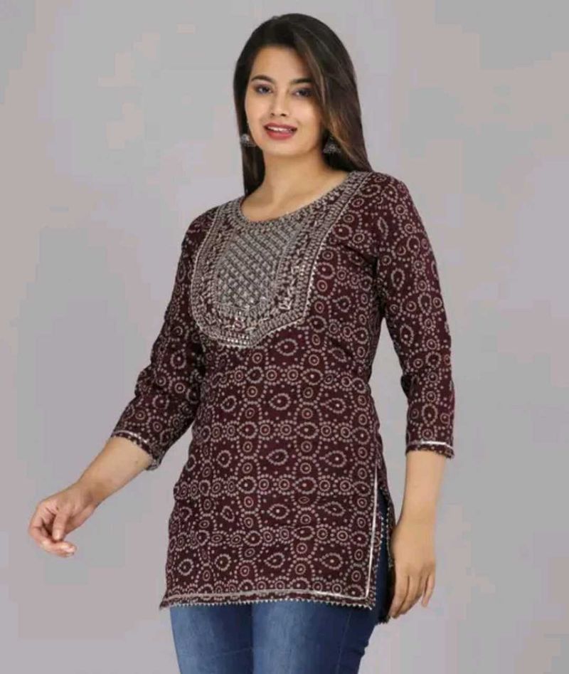 Maroon Printed Kurta with Embellished Neckline