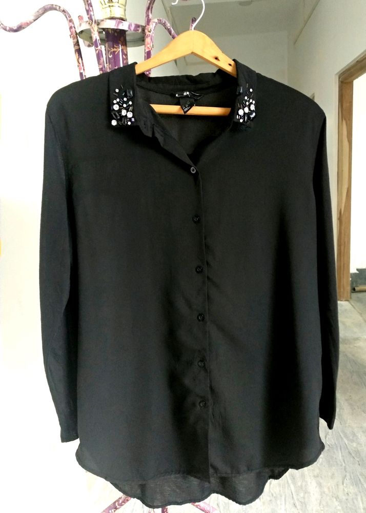 H&amp;M Black Beaded Stone Collared Shirt