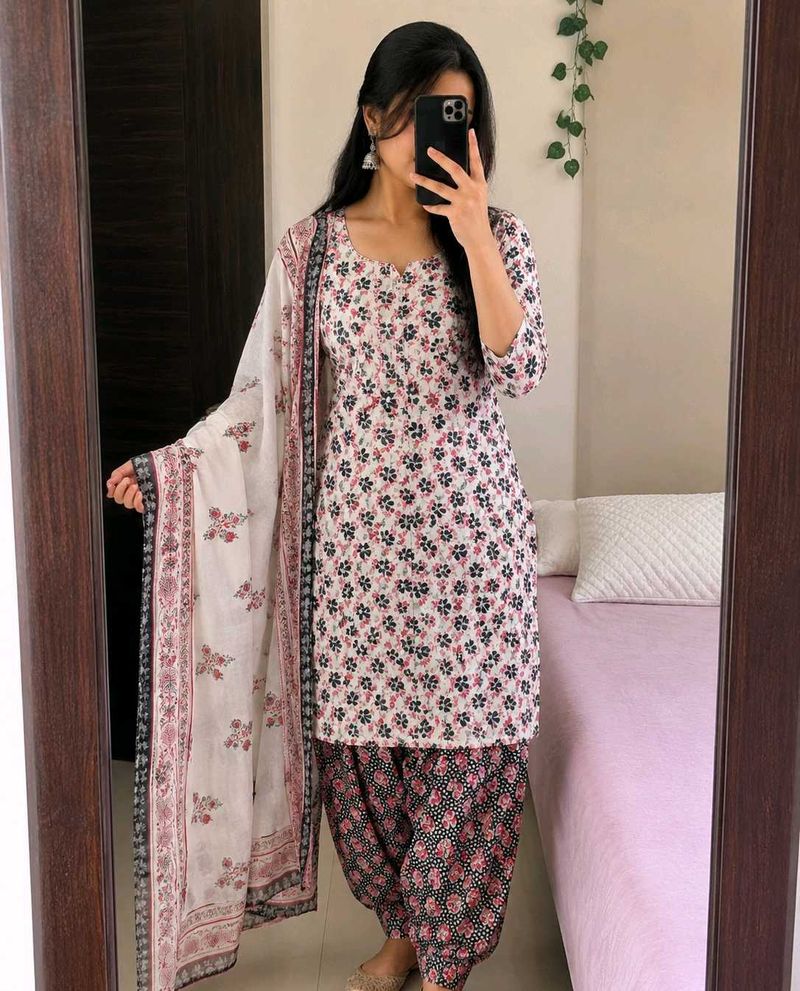 Floral Print Cotton Kurta with salwar and dupatta