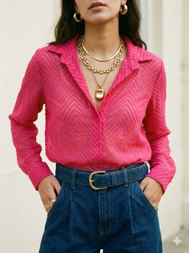 Sheer Chevron Print Button-Up Shirt