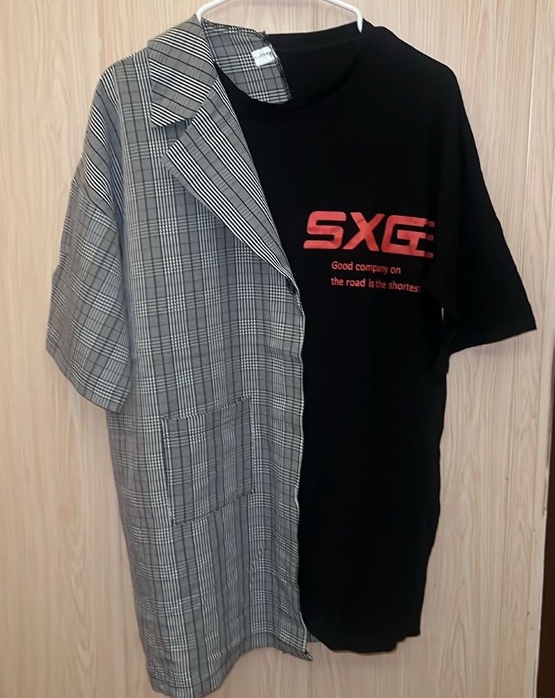 Asymmetrical Plaid Blazer T-Shirt Combo