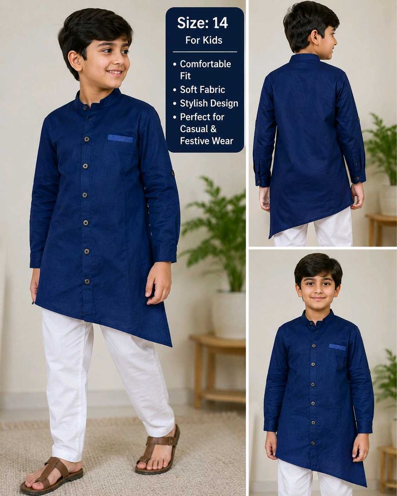 Boys Blue Kurta With White Pajama