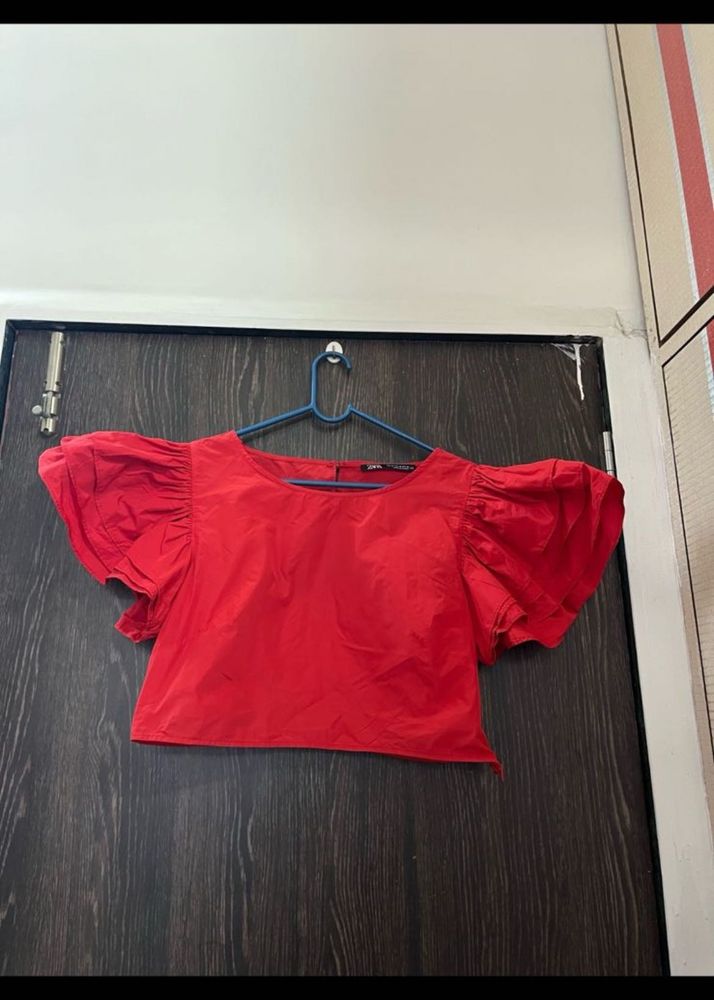 Zara Red Crop Top with Flutter Sleeves