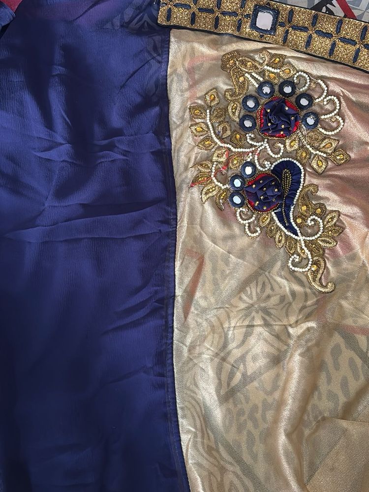 Elegant Gold Navy Blue Saree with Set pallu