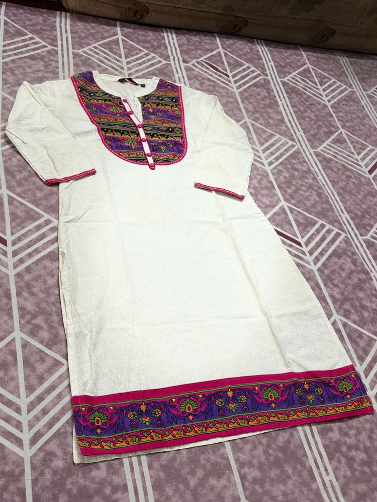 White Kurta with Embroidered Neckline
