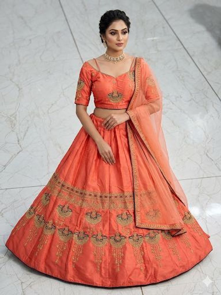 Orange Embroidered Lehenga Choli Set