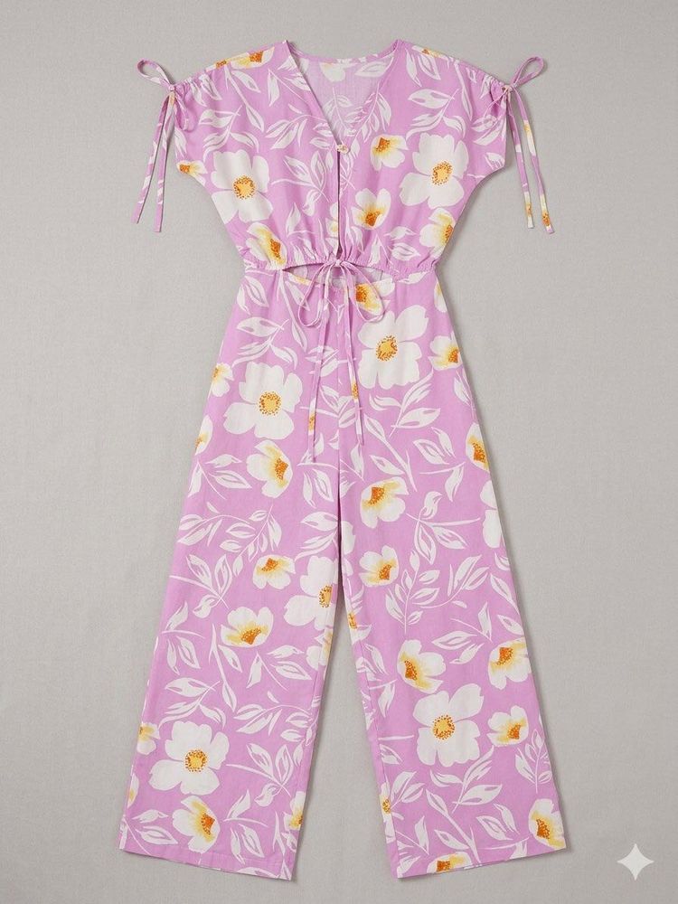 Floral Jumpsuit with Tie-Up Sleeves