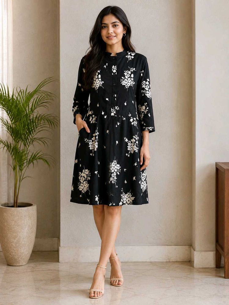 Chic Black Floral Print Midi Dress