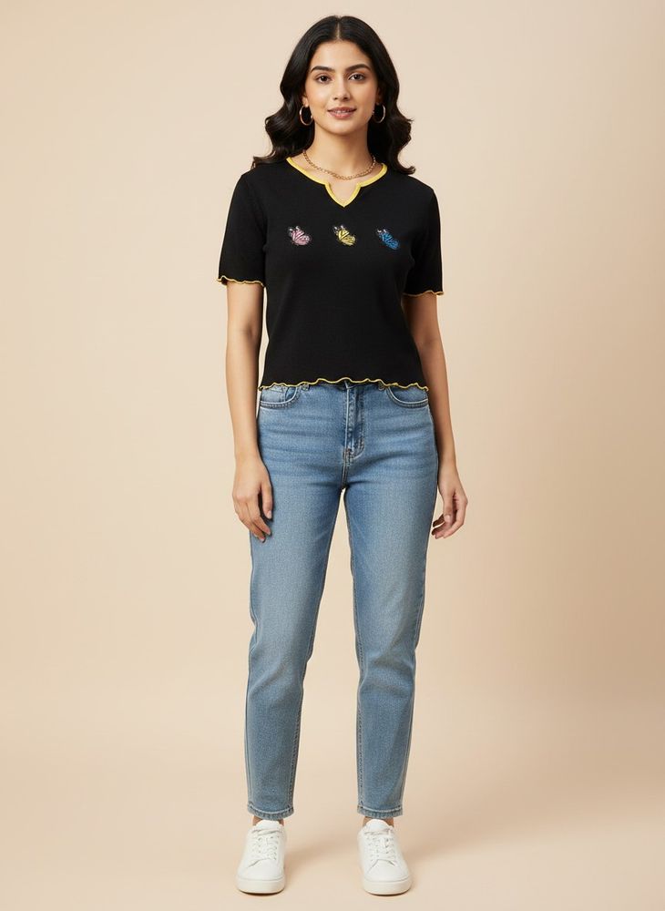 Black Butterfly Applique Crop Top