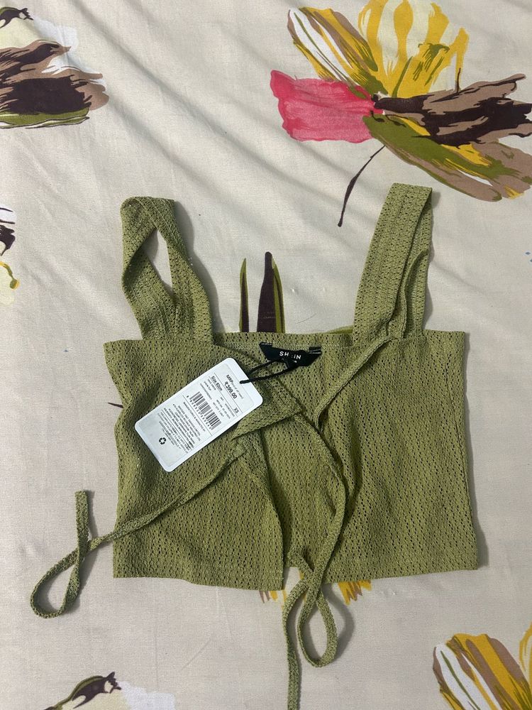 Shein Green Knit Tie-Front Crop Top