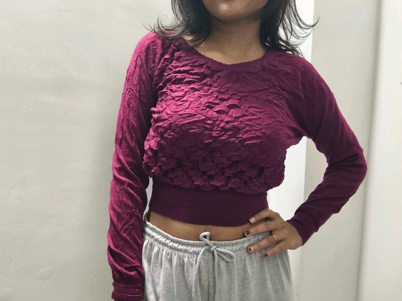 Burgundy Long Sleeve Crop Top