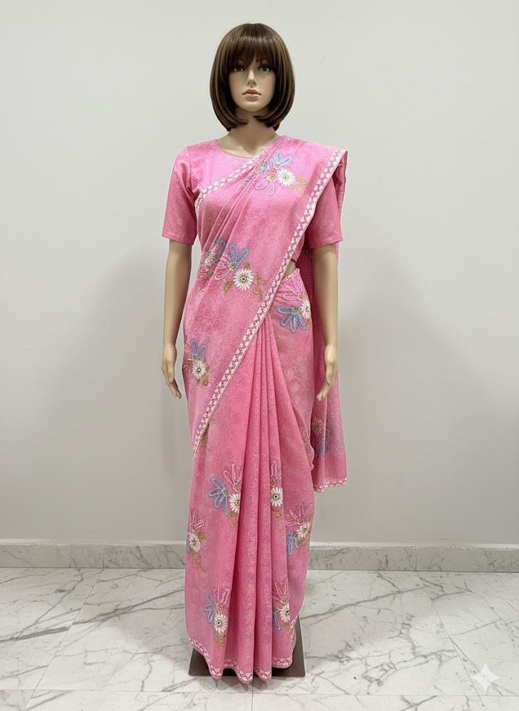 Beautiful Pink Supernet Floral Saree