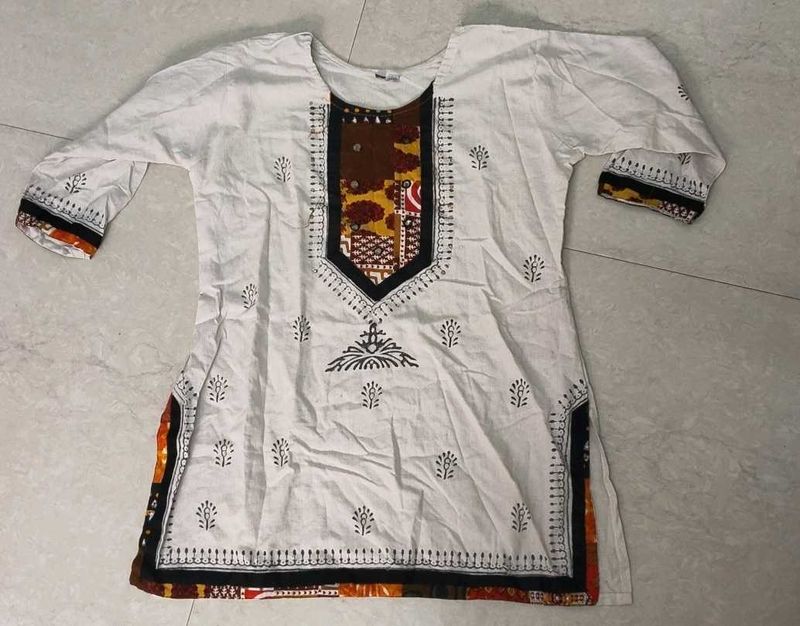 White Printed Cotton Kurta