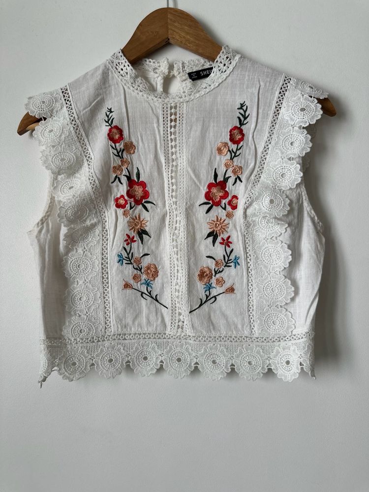 Embroidered White Lace Trim Top
