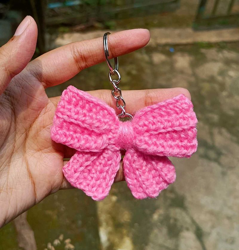 Crocheted Pink Bow Keychain