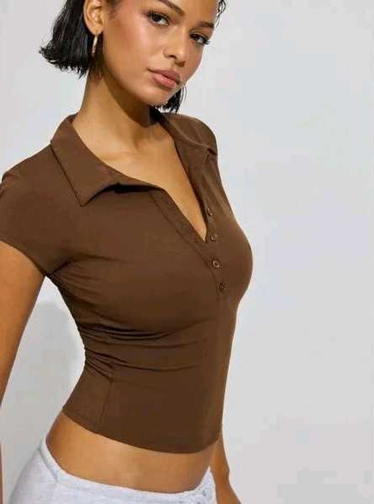 Brown Collared Crop Top