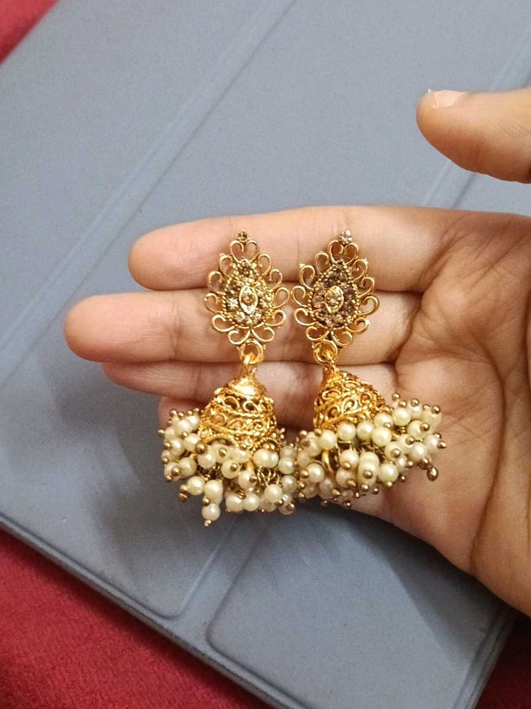 Elegant Gold Jhumka Earrings with Pearls