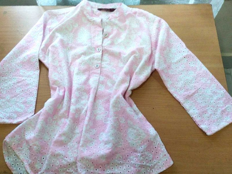 Pink &amp; White chikankari short Kurti