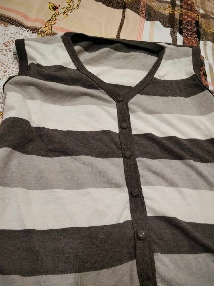 Striped Sleeveless Button-Up Top