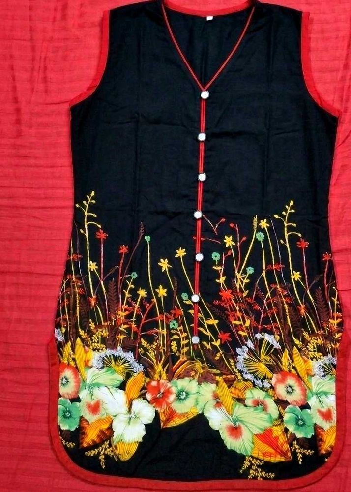 Black Floral Print Sleeveless Kurta