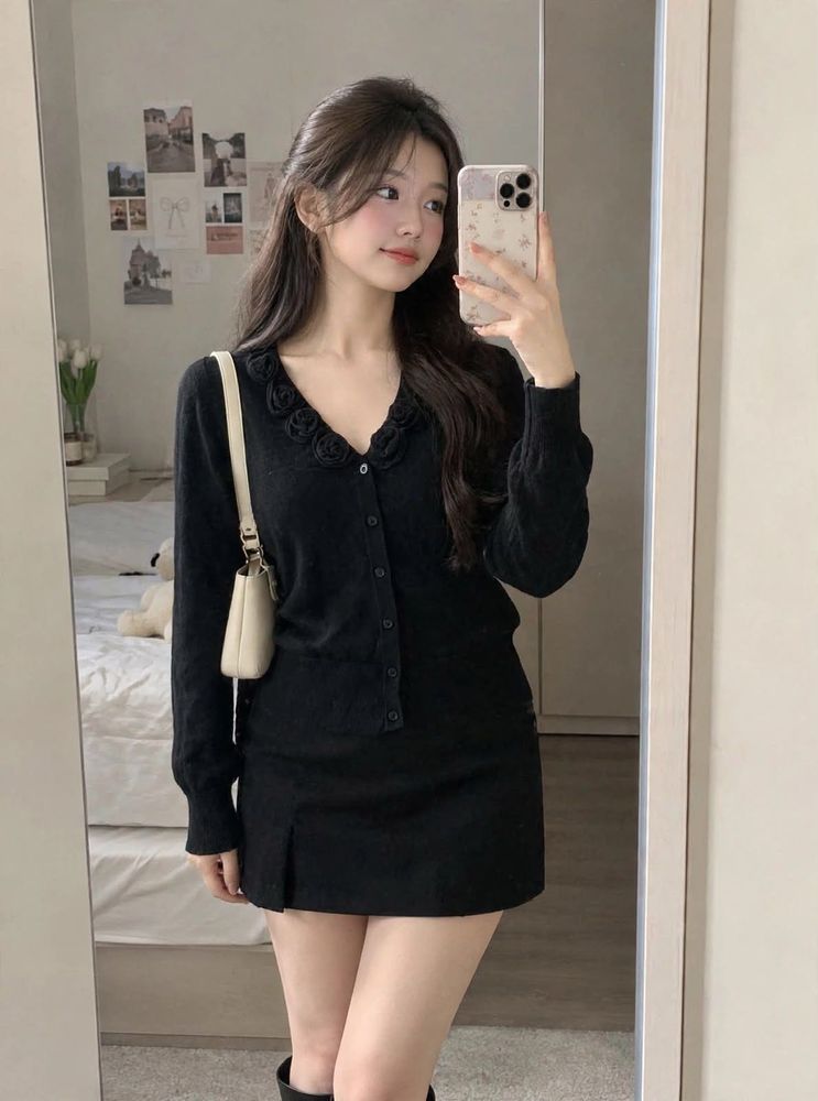 Korean imported Black Button-Up Cardigan with Flor