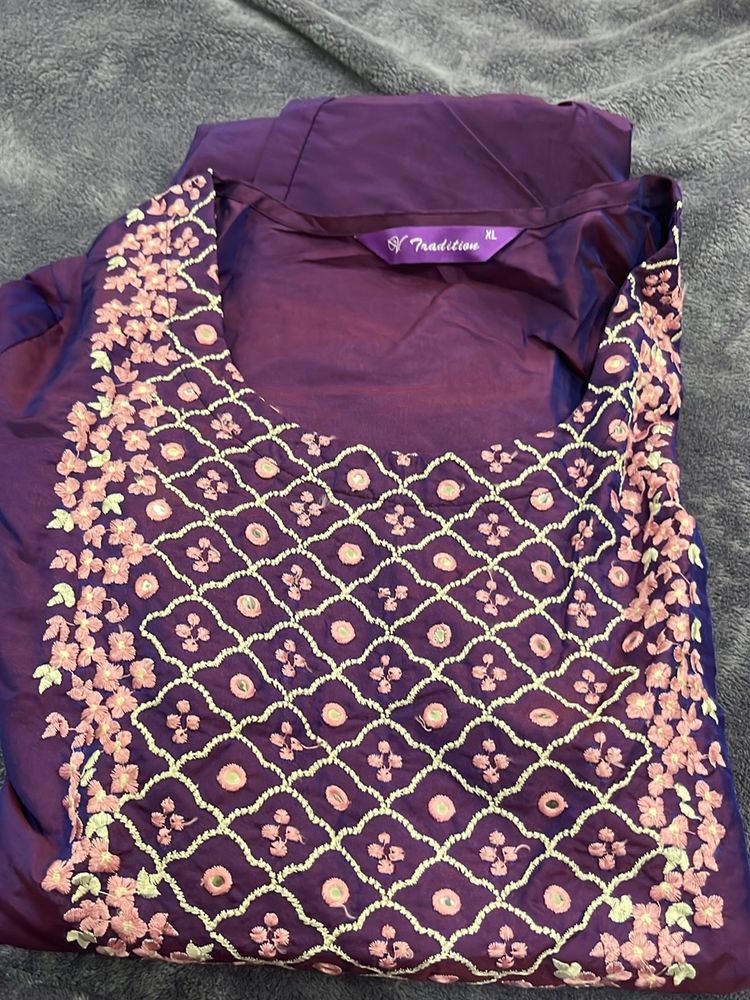 Purple Straight Kurta With Pant(ankle Length)