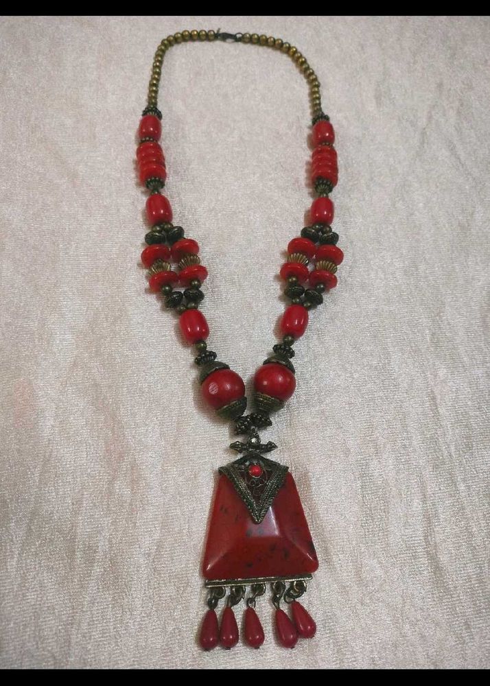 Red Beaded Statement Necklace