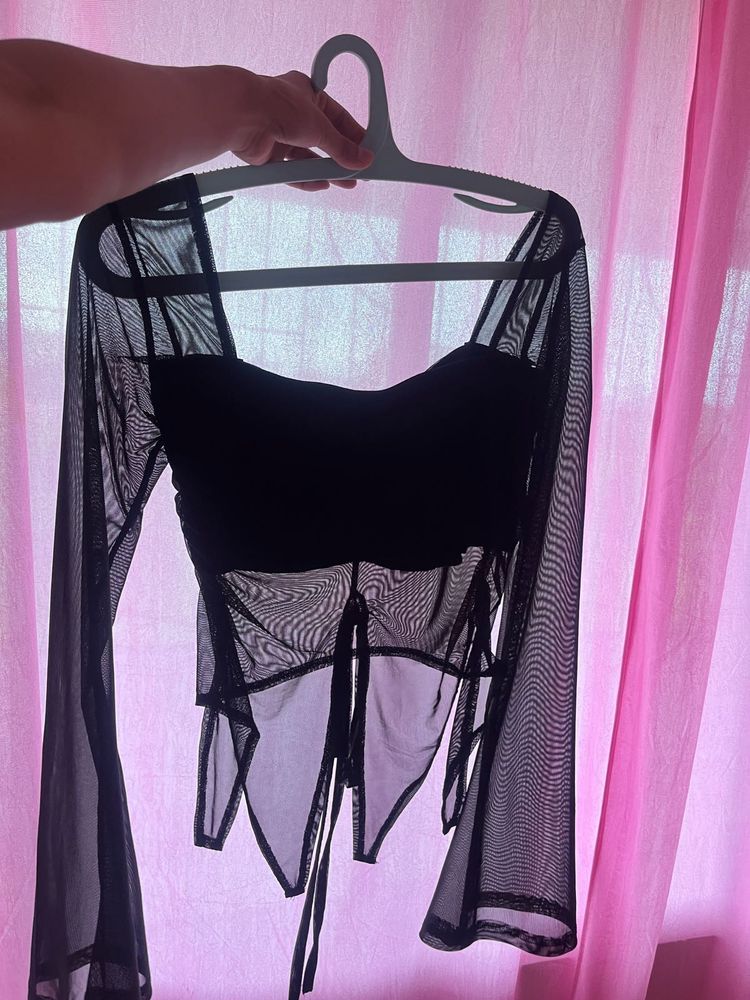 Sheer Black Mesh Long Sleeve Top bust 32-34