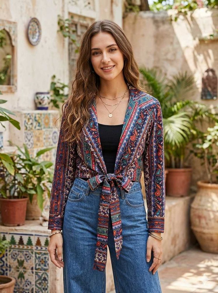 Boho Tie-back,front Print Crop Top