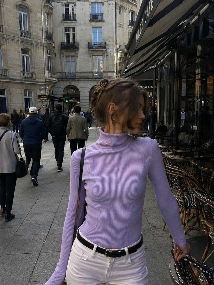 Lilac Ribbed Turtleneck Knit Top