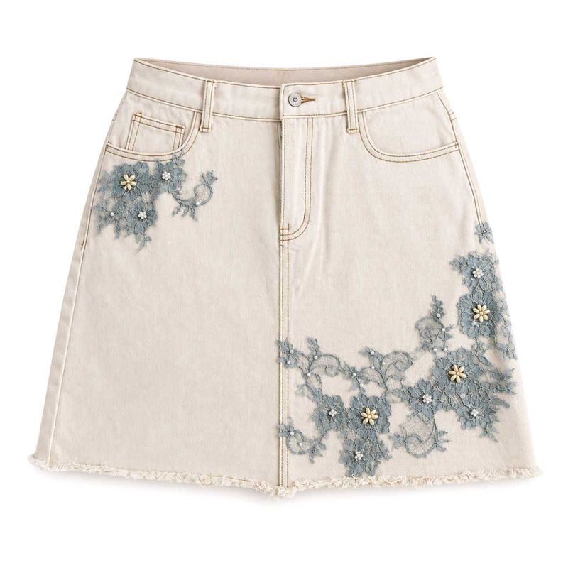 Cream Denim Skirt with Blue Floral Applique