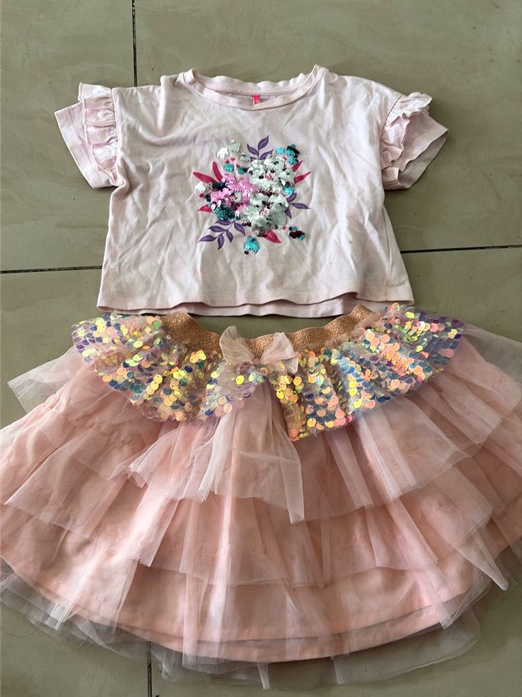 Girls Pink Sequin Tulle Skirt &amp; Top Set