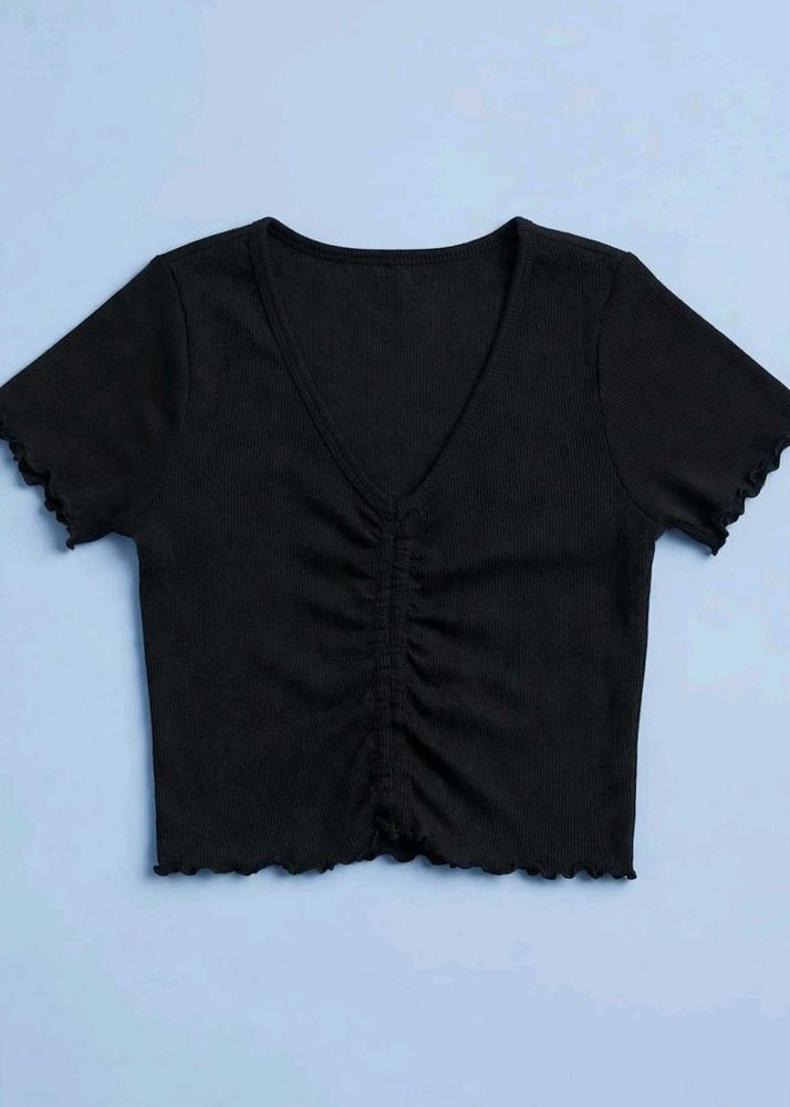 Black Ruched V-Neck Crop Top