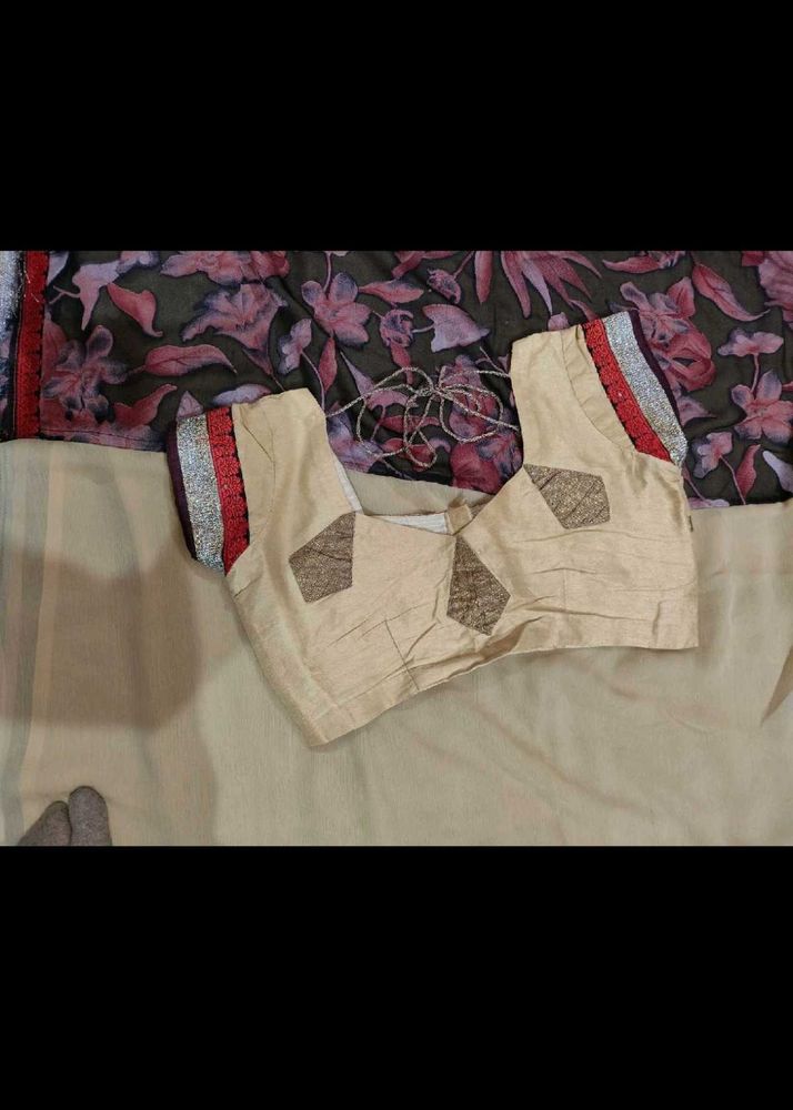 Designer Beige Blouse with Floral Saree
