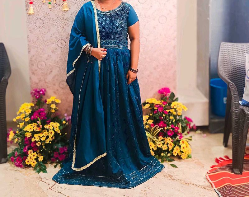 Elegant Teal Ethnic Gown with Dupatta