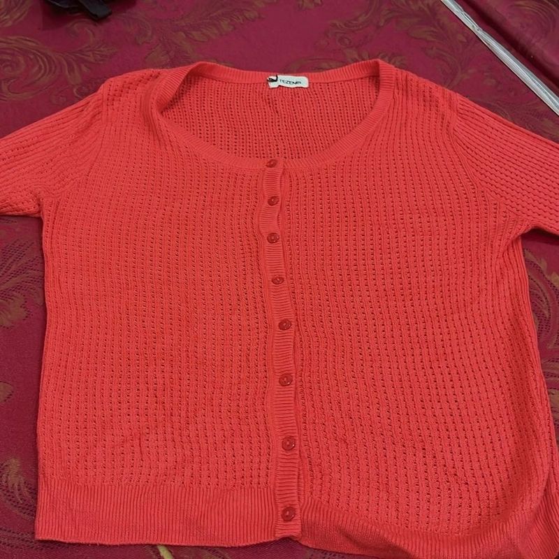 Bright Orange Button-Up Knit Cardigan