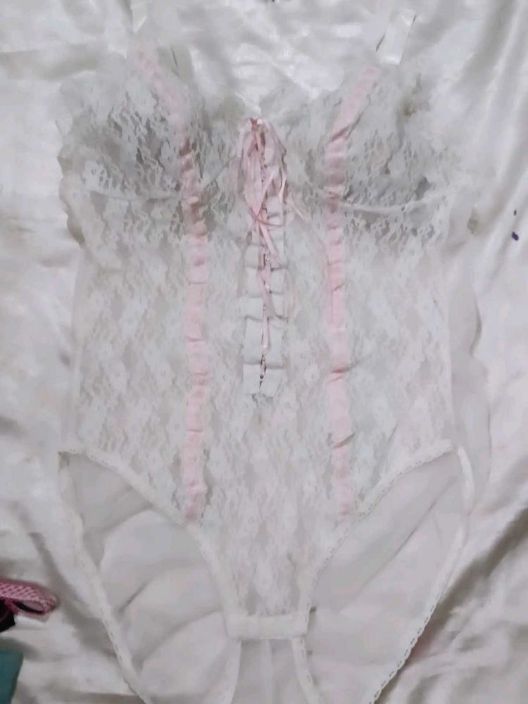 White Lace Teddy with Pink Ribbons