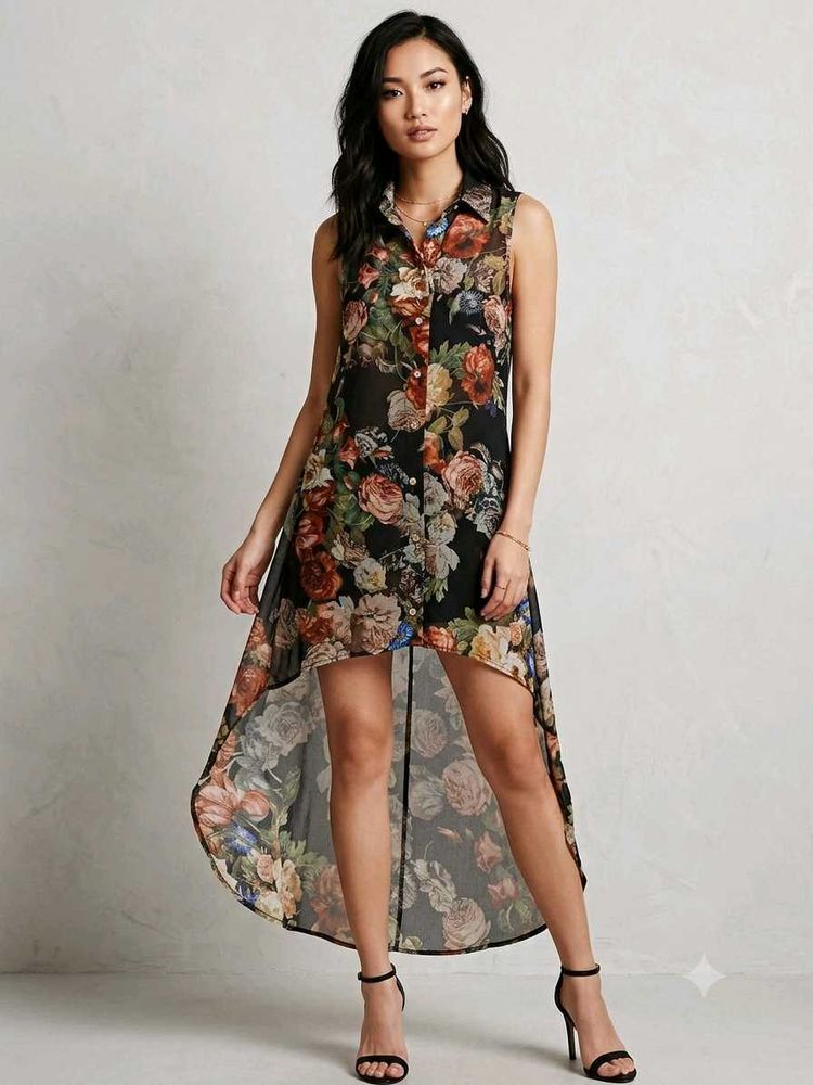Floral Print sheer  High-Low Dress