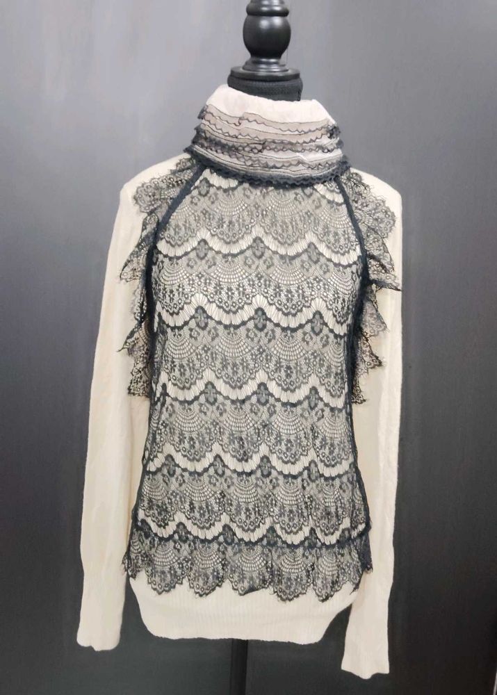 Elegant Lace Overlay Turtleneck Sweater