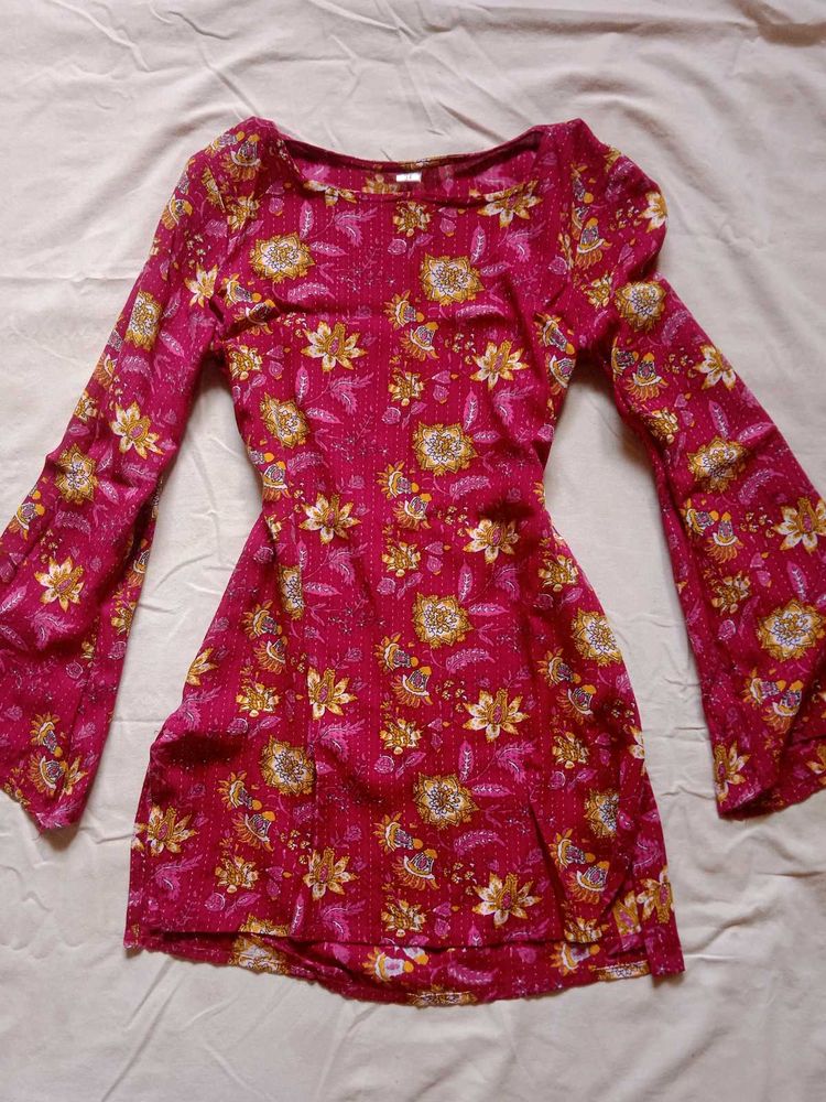 Boho Floral Print Flared Sleeve Short Kurta