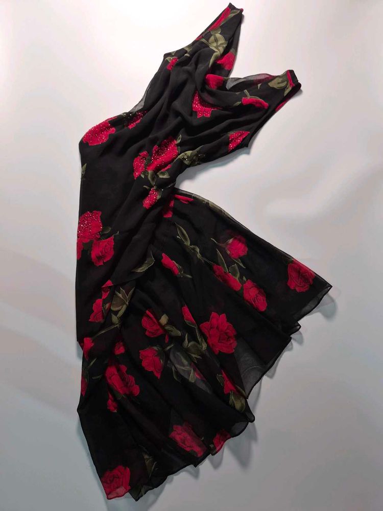 Eva Blue Y2K Beaded Black Rose Print Dress