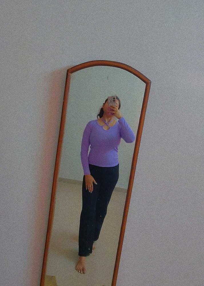 Lavender Tie Neck Ribbed Top[FREE DELIVERY CHARGE]