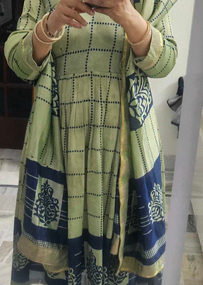 Green Printed Frock Set with cotton linng