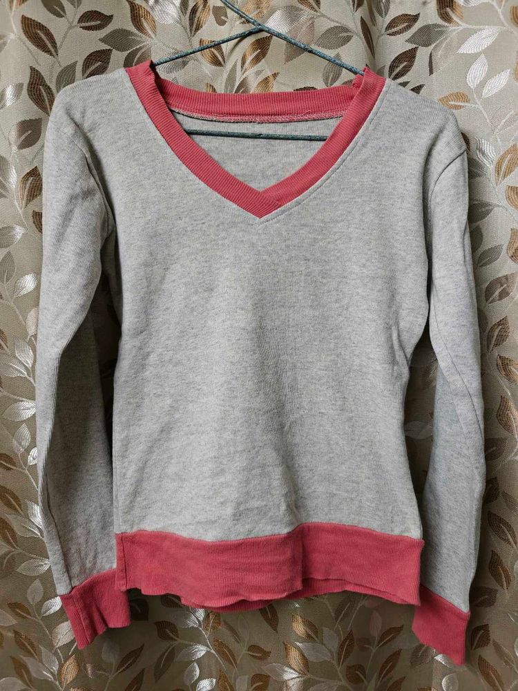 Gray V-Neck Sweatshirt with Pink Trim