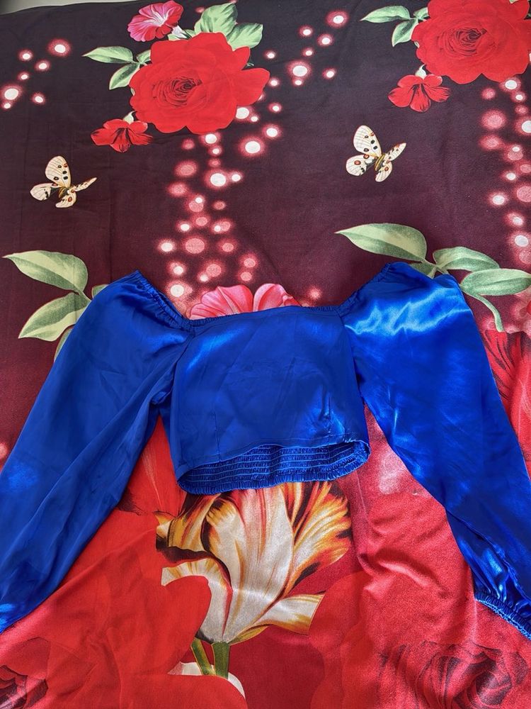 Blue Satin Puff Sleeve Crop Top