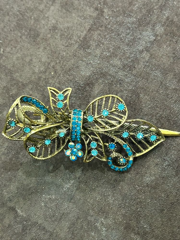 Vintage Gold-Tone Turquoise Embellished Hair Clip